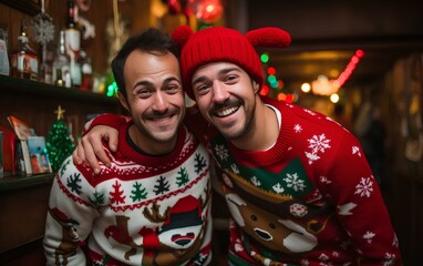 Friends are celebrating a Christmas party in ugly sweaters. Dressed up in beautiful and diverse sweaters.
