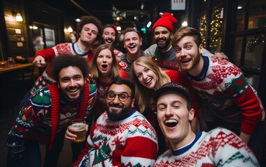 Friends are celebrating the ugly sweaters Christmas party. Dressed up people in beautiful and diverse sweaters. - obrazy, fototapety, plakaty