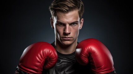 Portrait of a young male boxer with red boxing gloves looking at camera with aggressive serious expression on isolated dark background