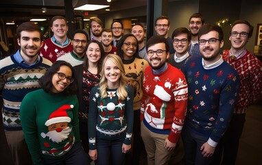 Office employees celebrate the Christmas party of ugly sweaters. Dressed up business people in beautiful and diverse sweaters at a corporate party. - obrazy, fototapety, plakaty