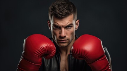 Portrait of a young male boxer with red boxing gloves looking at camera with aggressive serious expression on isolated dark background