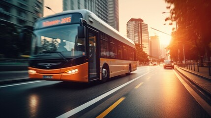 City bus in motion on a city road highway on blurred buildings background  - obrazy, fototapety, plakaty