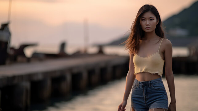 jeune femme asiatique debout sur le quai d'un port le soir au couch&eacute; du soleil