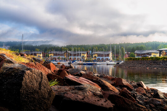 Lake Lipno, Czech Republic, Mountains, sunset, yachts, and boats.