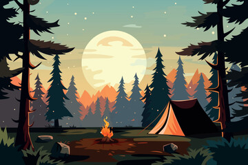 Morning camping background. There is a tent in the forest and a fire is burning.