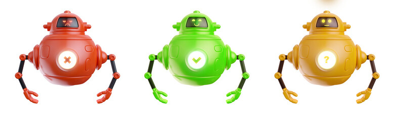 3d render cute color robot different emotion in realistic cartoon style. Set funny technology character. Concept art online assistant, bot or funny helper. Artificial intelligence modern creature.