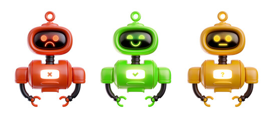 3d render cute color robot different emotion in realistic cartoon style. Set funny technology character. Concept art online assistant, bot or funny helper. Artificial intelligence modern creature.