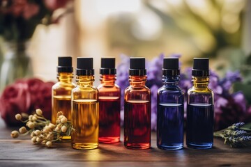 Essential Oils with Flowers in Colorful Bottles - Aromatherapy - AI Generated