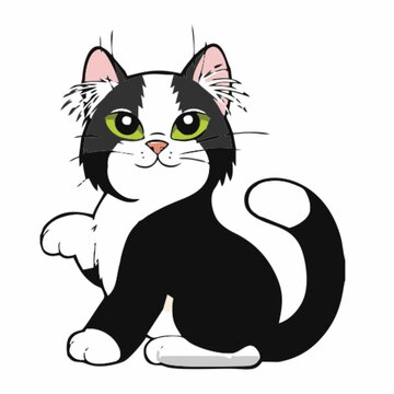 Black and white cat with green eyes, simple illustration in white background 