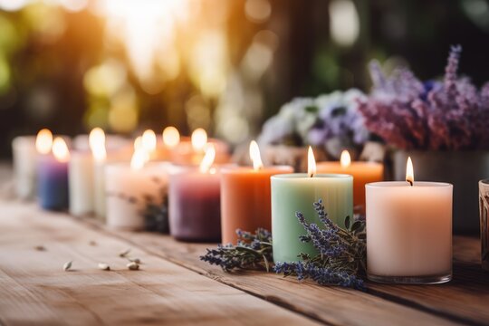 Scented candles and herbs on a wooden table - Aromatherapy assortment - AI Generated