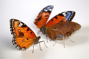 Fototapeta na wymiar Three vibrant butterflies with orange wings, positioned separately against a plain white backdrop. Generative AI
