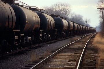 Fototapeta na wymiar A train carrying tanks of crude oil or fuel. Generative AI
