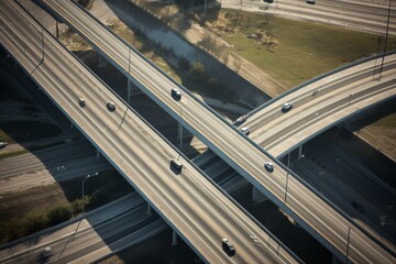 Aerial perspective of trucks traversing highway overpasses. Generative AI