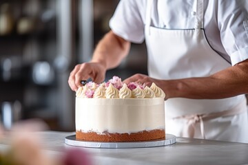 Pastry chef delicately icing a cake - Conditor at Work - AI Generated - obrazy, fototapety, plakaty