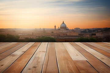 Rome inspired empty wooden tabletop, Perfect backdrop for showcasing your product. Vibrant, high quality digital art.