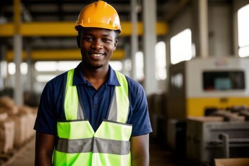 Portrait of smiling black african worker with hardhat inside factory