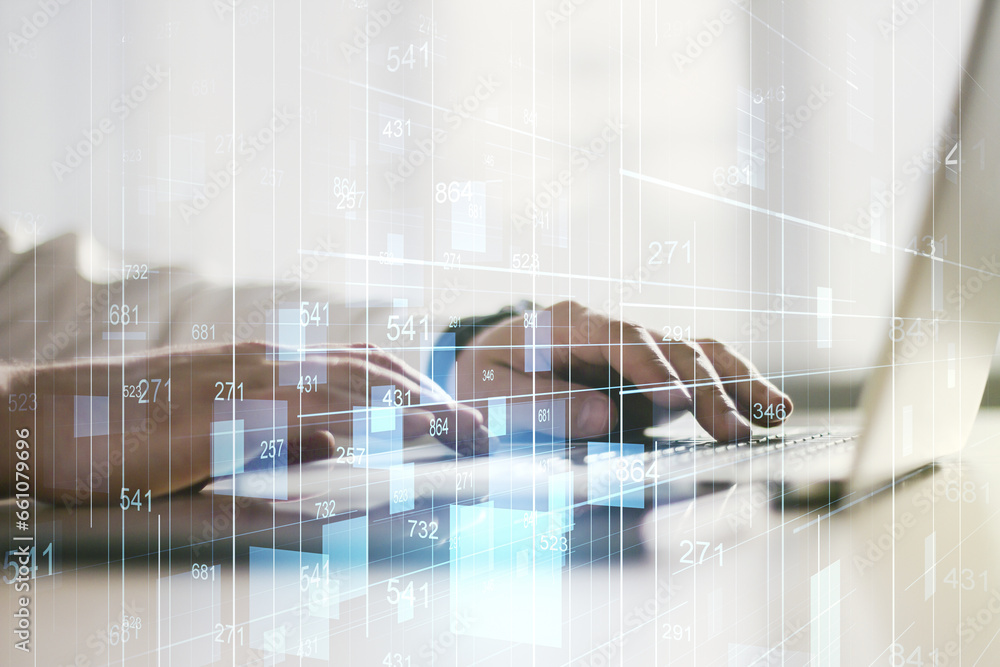 Poster abstract creative analytics data spreadsheet with hands typing on laptop on background, analytics an