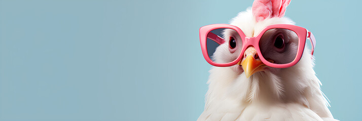 Creative animal concept chicken hen in sunglass shade glasses isolated on solid pastel background, Generative AI - obrazy, fototapety, plakaty