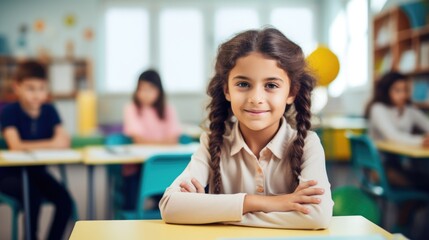 Close up portrait of a smiling school girl sitting in front of school desk on a blurred classroom background with classmates