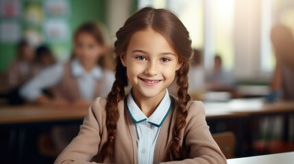 Close up portrait of a smiling school girl sitting in front of school desk on a blurred classroom background with classmates - obrazy, fototapety, plakaty