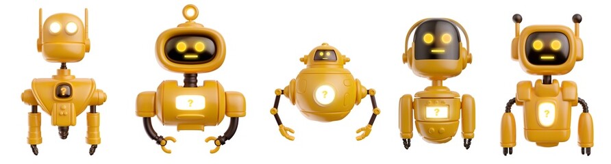 Yellow sad robot different form in realistic cartoon style. Set funny technology character. Concept art online assistant, bot or funny helper. 3d render illustration. Cute color modern creature.