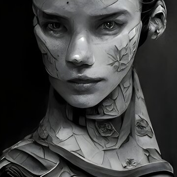 torso of an androgynous spanish woman with a beautiful face standing on top of a pyramid wearing highly detailed robotic armor with tropical flowers in the distance 3d rendered 4k high resolution 