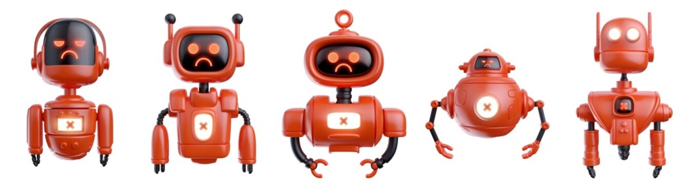 Red aggressive robot different form in realistic cartoon style. Set funny technology character. Concept art online assistant, bot or funny helper. 3d render illustration. Cute color modern creature.