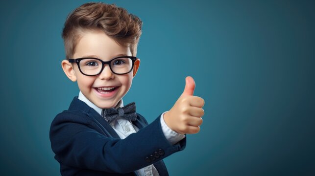 School boy in eyeglasses and uniform showing thumbs up sign on isolated blue background with space for copy