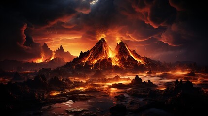 Fototapeta premium Volcanic activity, lava flow flows down the mountain. Frightening dangerous landscape