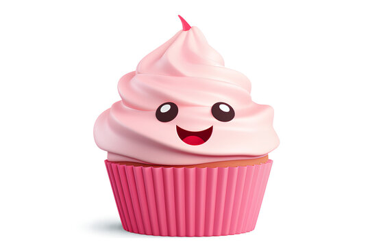 Cute pink cartoon cupcake character isolated on a transparent background, Generative AI