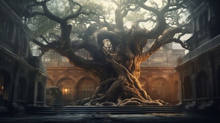 An ancient tree with gnarled branches intertwined with a historical building, producing a unique double exposure that represents the passage of time and history