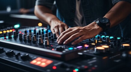 dj mixing music mixer, dj mixing music, dj at work, close-up of hands dj mixing music, close-up of dj mixer, dj doing cool music