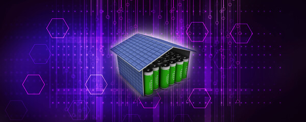 3d rendering solar panels in home with battery