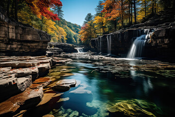 Scenic view of waterfall in Autum forest