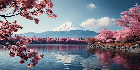 Mount Fuji enshrouded in clouds with clear sky from lake and cherry bossom