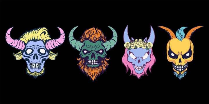 Set of human skull with horns and hair. Bright vector monster heads isolated on a black background.
