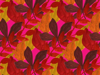 Seamless Pattern of bright autumn leaves, hand-painted, on a pink background. A set of patterned elements for decorating fabric, gift wrapping paper, wallpaper in autumn colors, tablecloths