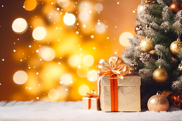 Fototapeta na wymiar Festive Decor: Christmas Tree, Gift Boxes and Copy Space