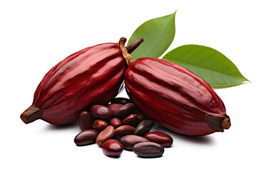 Fresh dark red cocoa pods isolated on a transparent background, Generative AI