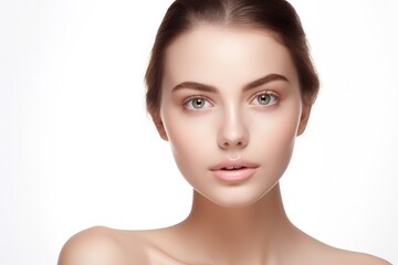 Fototapeta premium Portrait of beautiful young woman with clean fresh skin, natural make-up. Studio shot. Beautiful young woman with clean fresh skin on white background, Face care, Facial treatment