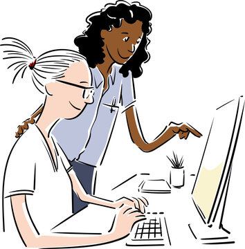 Interracial women working with a computer looking at the screen seen from the side and one indicates ideas to her colleague
