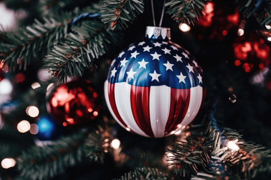 Christmas tree decoration ball ornament with American flag. 