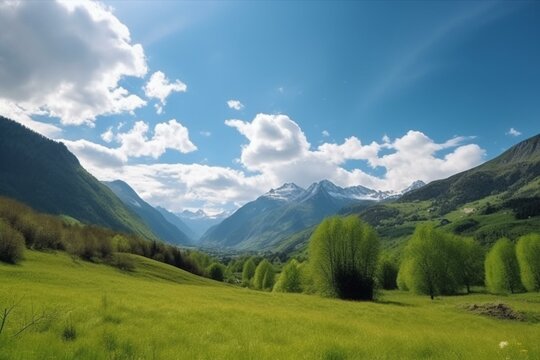 A sunny day with blue sky, clouds, beautiful alps landscape, green meadows, and snow capped mountains in the background. Generative AI
