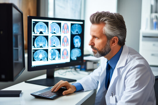 Knowledgeable Neurologist Analyzing Meningitis Brain Scans on Computer Monitor