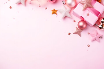 Pink Pastel Flat Lay with Stars and Confetti. Flat lay, top view, copy space
