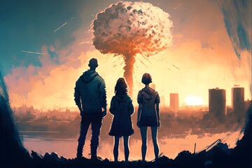 a group of teenagers standing on a hill overlooking a suburban city low angle a nuclear explosion in the background2 masterpiece best quality official art 8k 4k high resolution illustration rule of  - obrazy, fototapety, plakaty