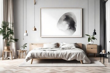 Scandinavian interior design of modern bedroom with big art poster frame