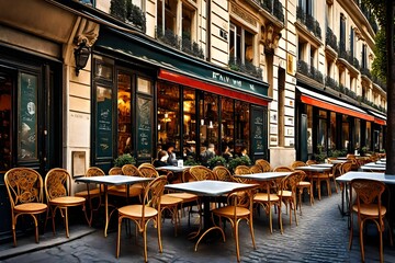 Fototapeta na wymiar Charming parisian sidewalk cafe,outdoor tables, Paris, France