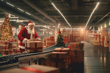 Santa claus work with Cardboard package Christmas gift and presents moving along a conveyor belt in a warehouse fulfillment center, which decorated by christmas ornament during Christmas Season.