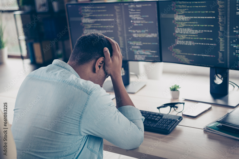 Aufkleber photo of sadness upset young guy found his failed program code dont know solution app bug depressed 